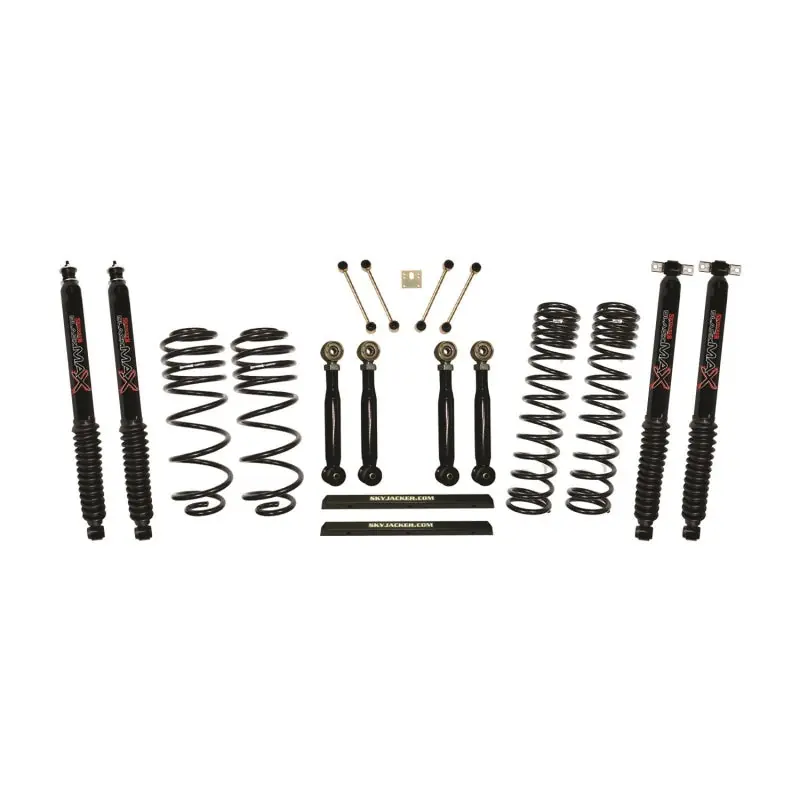 Luxury Skyjacker 97-02 Jeep TJ 4in D-Rate Long Travel Kit w/ Adj. FR/RR Lower Flex Links/Black Max Shocks