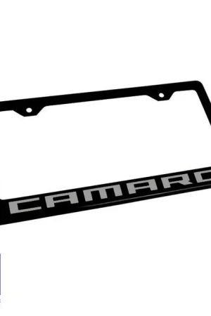 Final Sale License Plate Frame with Silver Camaro Script; Matte Black