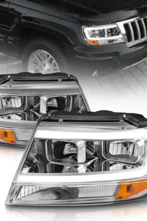 ANZO 1999-2004 Jeep Grand Cherokee Crystal Headlights w/ Light Bar Chrome Housing Editor’s Pick