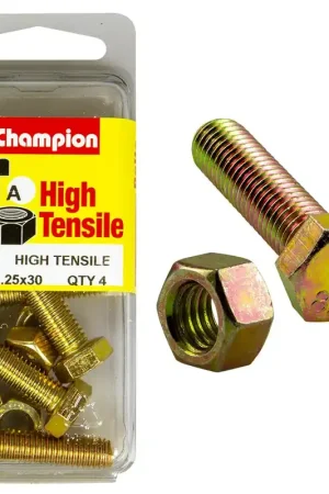 Champion Pack of 4 (4x Hex Set Screws, 4x Nuts) M8 x 30mm High Tensile Grade 8.8, Zinc Plated- BM51 High Quality