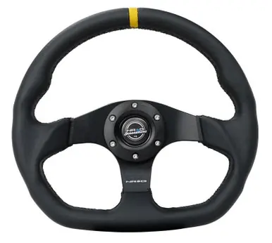 Original NRG Reinforced Steering Wheel (320mm) Sport Leather Flat Bottom w/ Yellow Center Mark - RST-024MB-R-Y