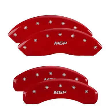 Buy Direct MGP 4 Caliper Covers Engraved Front & Rear MGP Red Finish Silver Char 2018 Jeep Wrangler - 42019SMGPRD