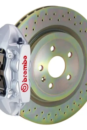 Fan Favorite Brembo 10-15 Camaro V6 Rear GT BBK 4 Piston Cast 365x28 1pc Rotor Drilled-Silver