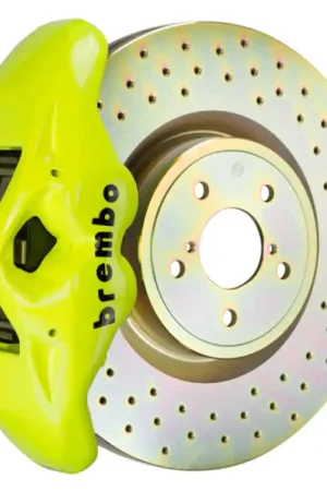 Free Returns Brembo 02-07 Impreza/WRX/08-14 WRX Fr GT BBK 4 Piston Cast 326 x30 1pc Rotor Drilled- Fluo. Yellow